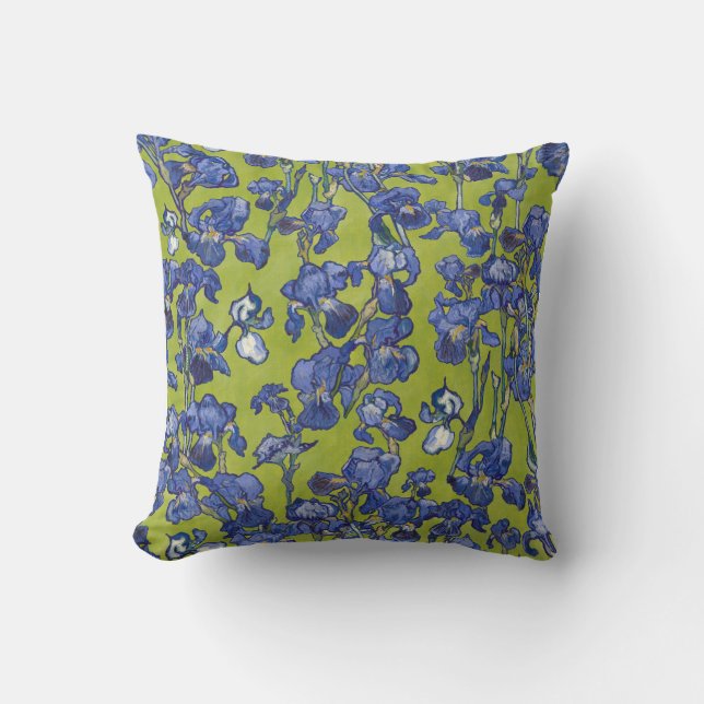 Vincent Van Gogh Irises Cobalt Blue Apple Green Throw Pillow (Front)