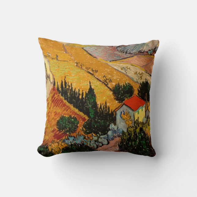 Vincent van Gogh - Landscape, House and Ploughman Throw Pillow (Front)