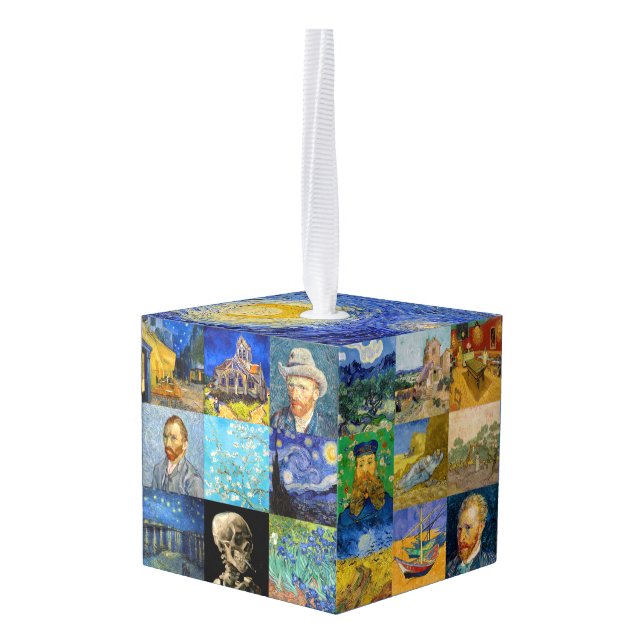Vincent van Gogh - Masterpieces Mosaic Patchwork Cube Ornament (Back Angled)