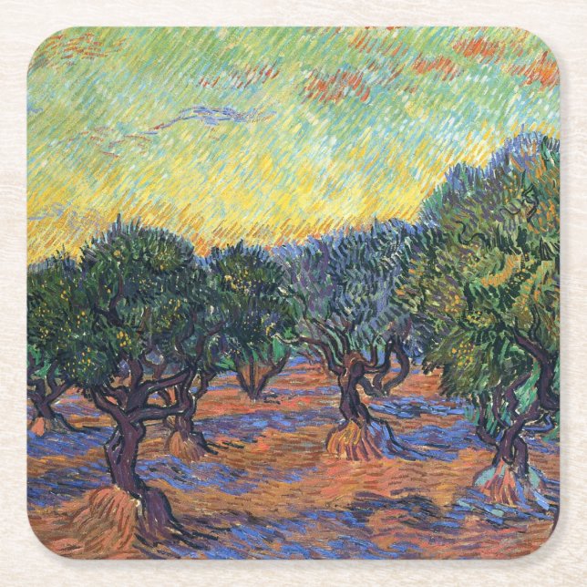 Vincent Van Gogh Olive Grove Impressionism Art Square Paper Coaster (Front)