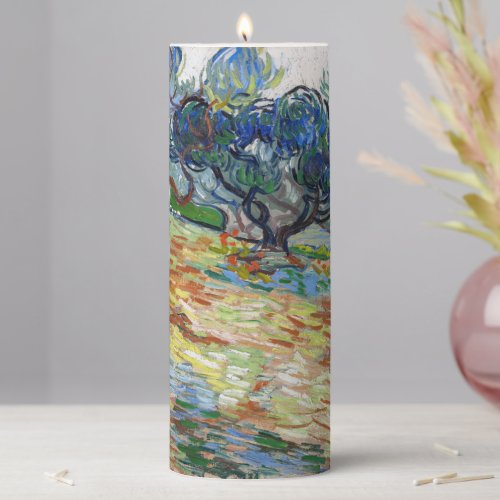 Vincent van Gogh _ Olive Trees Bright blue sky Pillar Candle