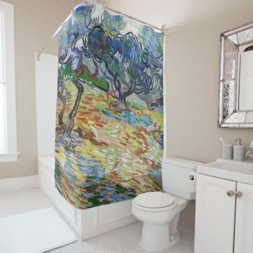 Vincent van Gogh _ Olive Trees Bright blue sky Shower Curtain