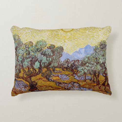 Vincent van Gogh _ Olive Trees Yellow Sky and Sun Accent Pillow