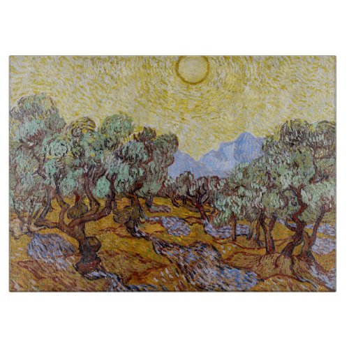 Vincent van Gogh _ Olive Trees Yellow Sky and Sun Cutting Board