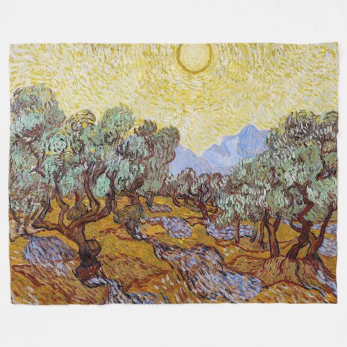 Vincent van Gogh _ Olive Trees Yellow Sky and Sun Fleece Blanket