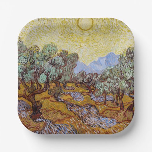 Vincent van Gogh _ Olive Trees Yellow Sky and Sun Paper Plates