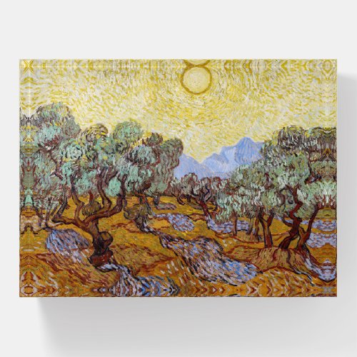 Vincent van Gogh _ Olive Trees Yellow Sky and Sun Paperweight