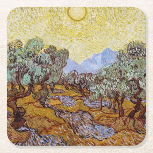 Vincent van Gogh _ Olive Trees Yellow Sky and Sun Square Paper Coaster