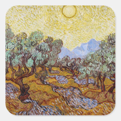 Vincent van Gogh _ Olive Trees Yellow Sky and Sun Square Sticker