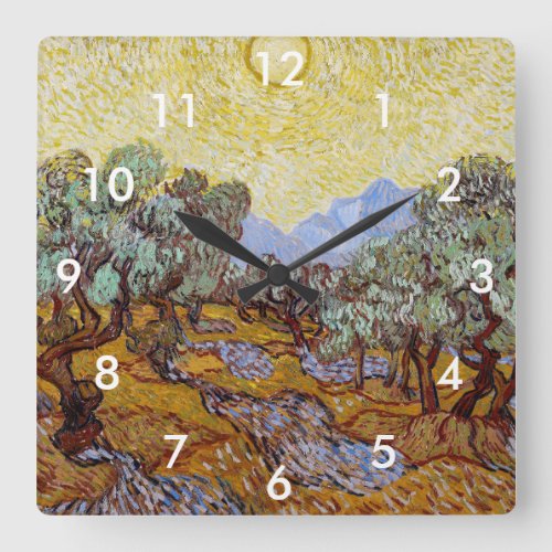 Vincent van Gogh _ Olive Trees Yellow Sky and Sun Square Wall Clock