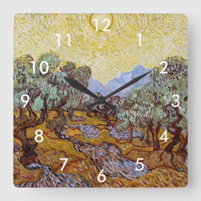 Vincent van Gogh - Olive Trees, Yellow Sky and Sun Square Wall Clock (Front)