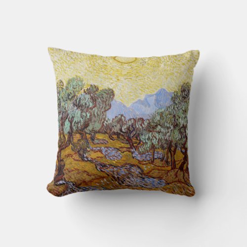 Vincent van Gogh _ Olive Trees Yellow Sky and Sun Throw Pillow