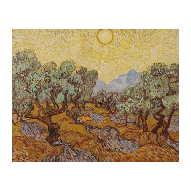 Vincent van Gogh - Olive Trees, Yellow Sky and Sun Wood Wall Art (Front)