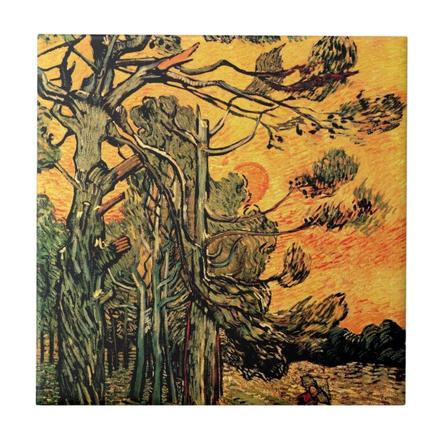 Vincent Van Gogh - Pine Trees Against A Red Sky Ceramic Tile (Front)