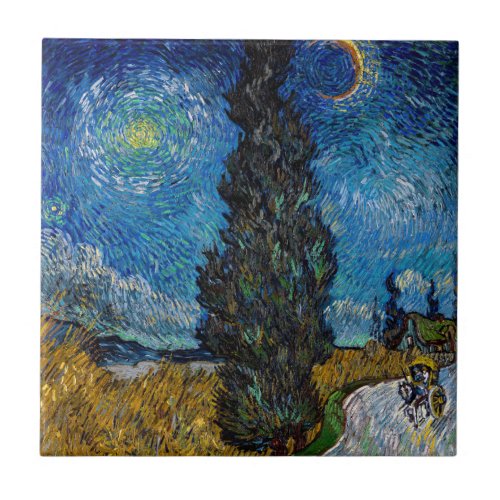 Vincent van Gogh _ Road with Cypress and Star Ceramic Tile
