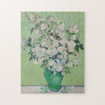 Vincent Van Gogh Roses Impressionist Jigsaw Puzzle<br><div class="desc">Beautiful Van Gogh Roses painting featuring impressionism floral art with pretty roses in a green vase on a white table with traces of pink on a nice yellow green background. Cool vintage floral bouquet gift for an 1800s artist admirer who loves the impressionist period.</div>
