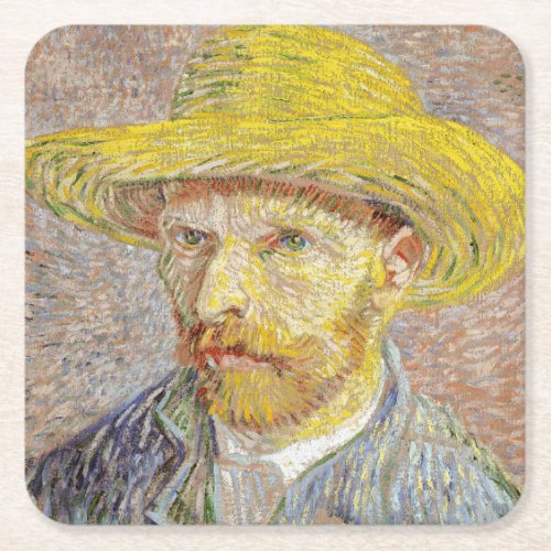 Vincent van Gogh _ Self_portrait with Straw Hat Square Paper Coaster