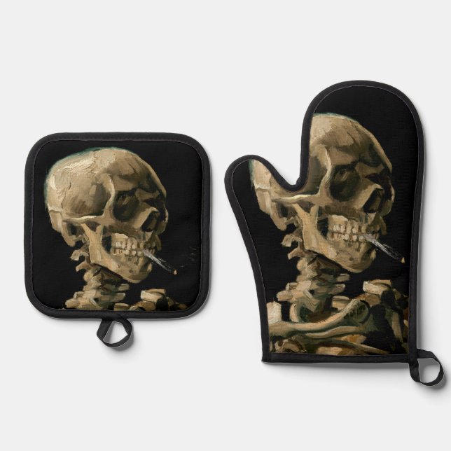 Vincent van Gogh - Skull with Burning Cigarette Oven Mitt & Pot Holder Set (Front)