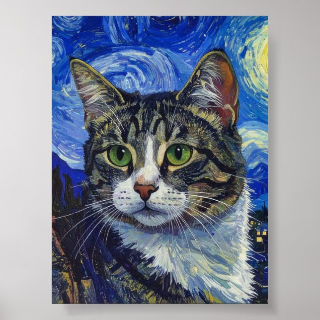 Vincent Van Gogh Starry Night Cat Portrait Poster (Front)