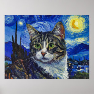 Vincent Van Gogh Starry Night Cat Portrait Poster
