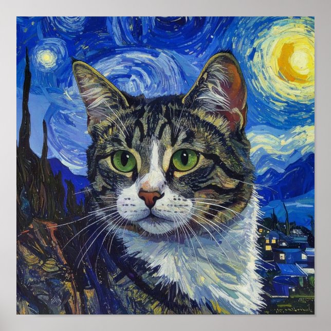 Vincent Van Gogh Starry Night Cat Portrait Poster (Front)