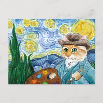 Vincent Van Gogh Starry Night Cat Postcard by sunshinesketches at Zazzle