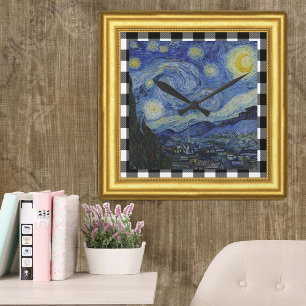 Vincent Van Gogh, Starry Night Framed, Checkered Square Wall Clock