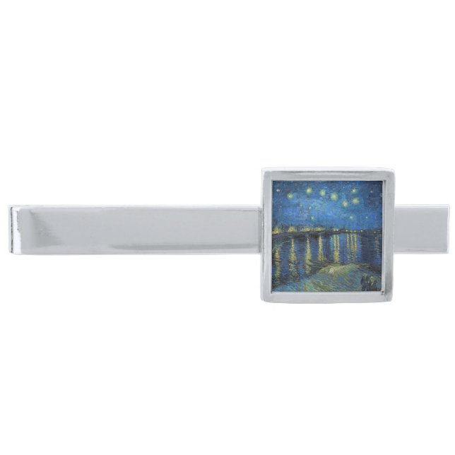 Vincent van Gogh - Starry Night Over the Rhone Silver Finish Tie Bar (Front)