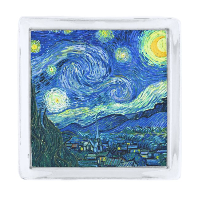 vincent van gogh starry night silver finish lapel pin (Front)