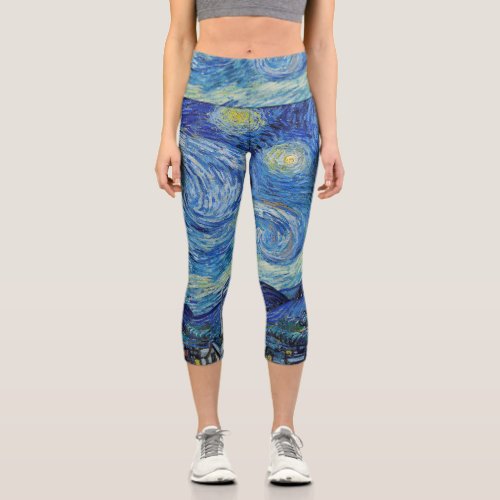 Vincent Van Gogh Starry Night Vintage Fine Art Capri Leggings