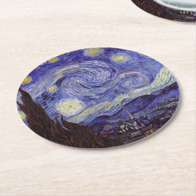Vincent Van Gogh Starry Night Vintage Fine Art Round Paper Coaster | Zazzle