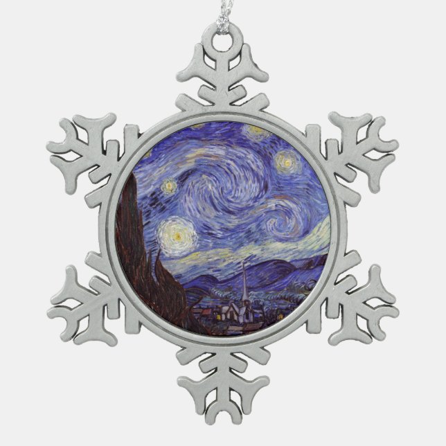 Vincent Van Gogh Starry Night Vintage Fine Art Snowflake Pewter Christmas Ornament (Front)