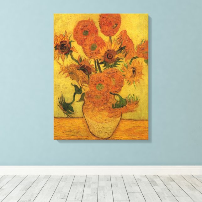 Vincent van Gogh Still Life Vase w 15 Sunflowers Canvas Print (Insitu(Wood Floor))