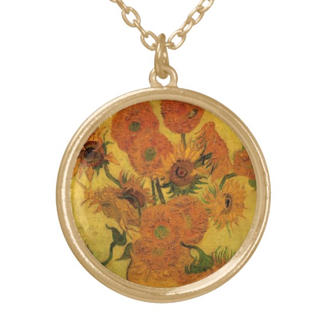 Vincent van Gogh Still Life Vase w 15 Sunflowers Gold Plated Necklace (Front)
