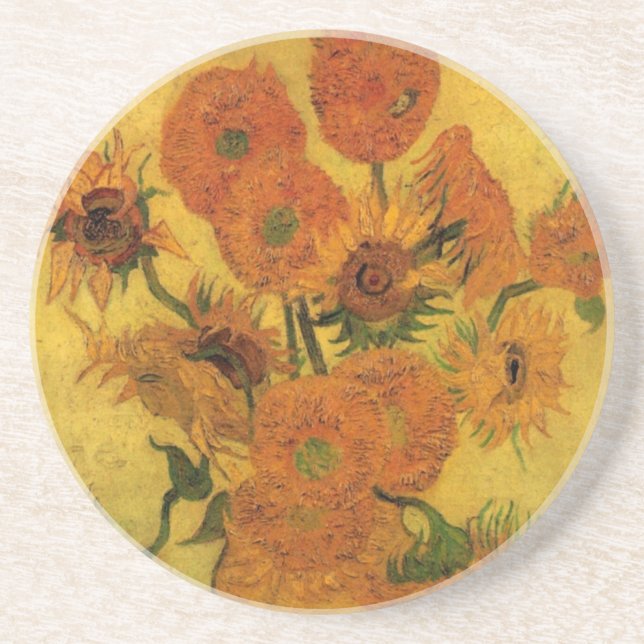 Vincent van Gogh Still Life Vase w 15 Sunflowers Sandstone Coaster (Front)