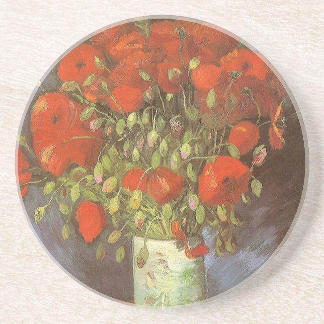 Vincent van Gogh Still Life Vase with Red Poppies Sandstone Coaster (Front)