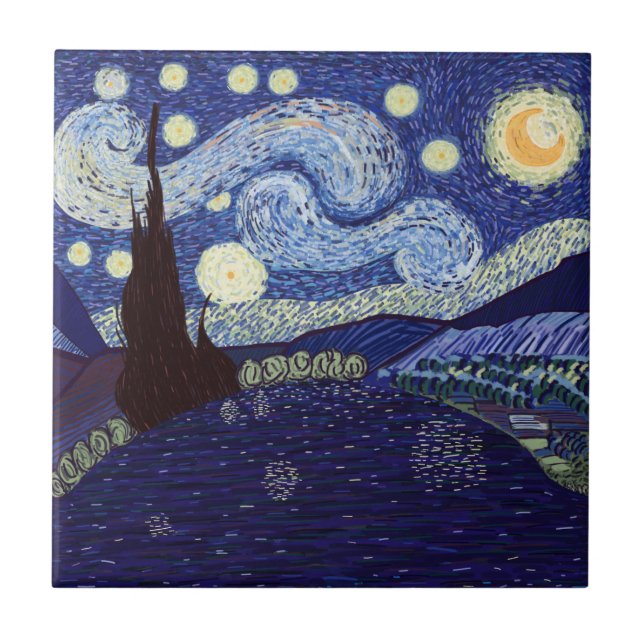 Vincent Van Gogh style Starry Night and Lake Ceramic Tile (Front)