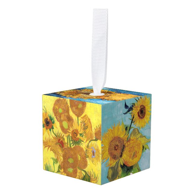 Vincent van Gogh - Sunflowers Wine Charm Cube Ornament (Front Angled)