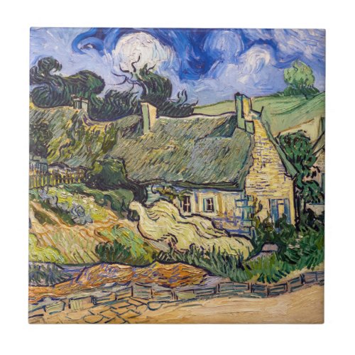Vincent Van Gogh _ Thatched Cottages at Cordeville Ceramic Tile