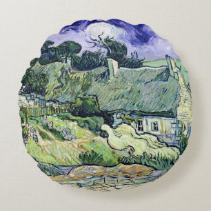 Vincent van Gogh Thatched cottages at Cordeville Round Pillow