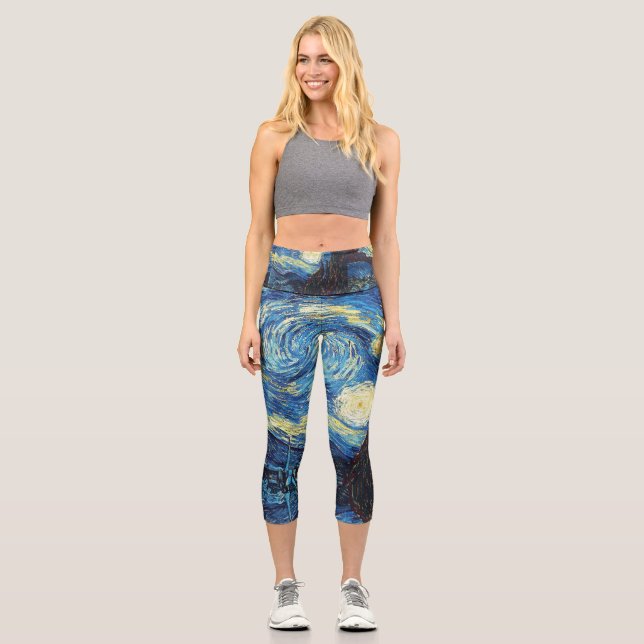 Vincent Van Gogh The Starry Night Bright Yellow Capri Leggings (Front)