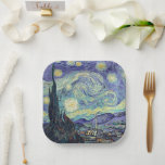 Vincent Van Gogh The Starry Night    Paper Plates<br><div class="desc">Vincent Van Gogh The Starry Night. This is an old masterpiece from the dutch master painter Vincent Van Gogh was a dutch post impressionist painter. Night Landscape. There is a tree in the foreground. The city is in the middle ground. Mountains in the background. There is a moon in the...</div>