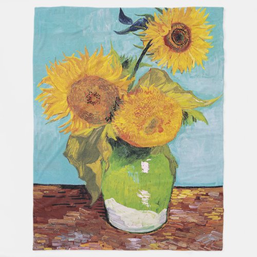 Vincent Van Gogh _ Three Sunflowers in a Vase Fleece Blanket