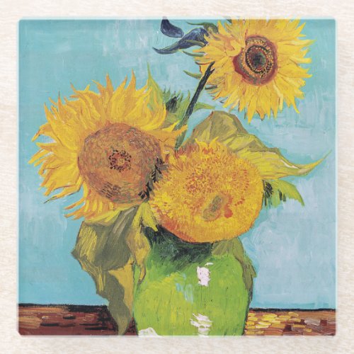 Vincent Van Gogh _ Three Sunflowers in a Vase Glass Coaster