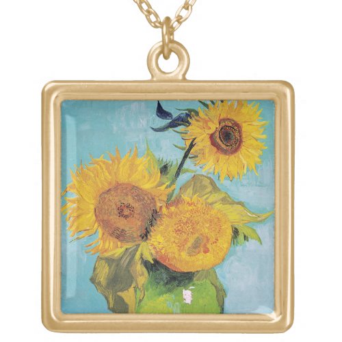 Vincent Van Gogh _ Three Sunflowers in a Vase Gold Plated Necklace