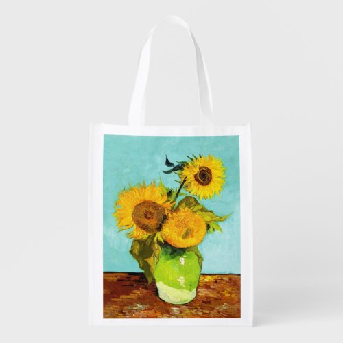 Vincent Van Gogh Three Sunflowers In A Vase Reusable Grocery Bag