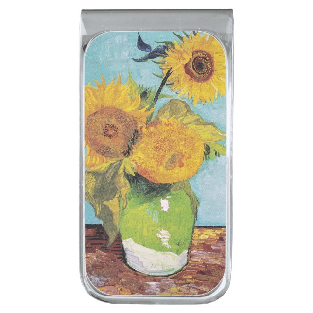 Vincent Van Gogh - Three Sunflowers in a Vase Silver Finish Money Clip (Front Vertical)