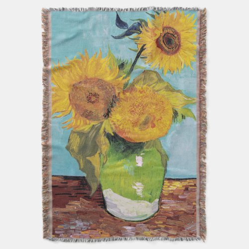 Vincent Van Gogh _ Three Sunflowers in a Vase Throw Blanket