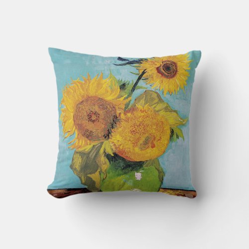 Vincent Van Gogh _ Three Sunflowers in a Vase Throw Pillow