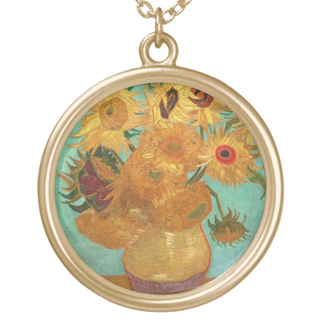 Vincent Van Gogh Twelve Sunflowers In A Vase Gold Plated Necklace (Front)